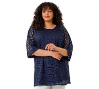 Roman Curve Lace Front Stretch Top for Women UK - Ladies Everyday Holiday Spring Summer Round Neckline Comfy Soft Evening Vacation Work Party - Navy Plus - Size 18