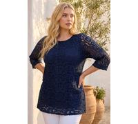Roman Curve Lace Front Stretch Top for Women UK - Ladies Everyday Holiday Spring Summer Round Neckline Comfy Soft Evening Vacation Work Party - Navy Plus - Size 20