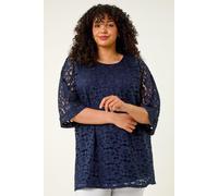 Roman Curve Lace Front Stretch Top for Women UK - Ladies Everyday Holiday Spring Summer Round Neckline Comfy Soft Evening Vacation Work Party - Navy Plus - Size 20