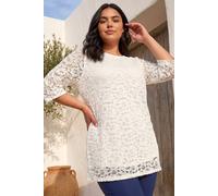 Roman Curve Lace Front Stretch Top for Women UK - Ladies Everyday Holiday Spring Summer Round Neckline Comfy Soft Evening Vacation Work Party - White Plus - Size 18