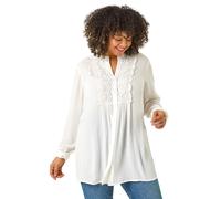 Roman Curve Lace Trim Pintuck Blouse for Women UK - Ladies Everyday Holiday Spring Summer Notch Neckline Comfy Soft Evening Vacation Work Party - Ivory Plus - Size 22