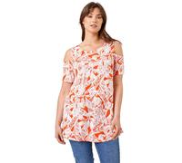 Roman Women Curve Leaf Print Cold Shoulder Jersey Top - Ladies Spring Everyday Summer Holiday Round Neckline Comfy Short Sleeve Soft All-Over Shirt Jersey Blouses - Orange - Size 30