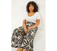 Roman Curve Abstract Spot Print Palazzo Trouser for Women UK - Ladies Everyday Holiday Spring Summer Comfy Soft Evening Vacation Work Party - Noir Leaf Plus - Size 20