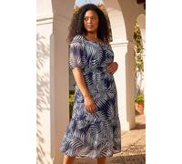 Roman Women's Curve Leaf Print Tie Neck Midi Dress in Navy | Size: 20