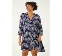 Roman Curve Leaf Print Wrap Smock Dress for Women UK - Ladies Everyday Holiday Spring Summer V-Neckline Comfy Soft Evening Vacation Work Party - Navy Plus - Size 18