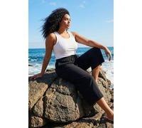 Roman Petite Linen Mix Wide Cropped Trousers for Women UK Ladies Spring Everyday Summer Break Elasticated Waist Comfy Pocket Detail Soft Lightweight Pants Vacation Culottes - Noir Plus - Size 26