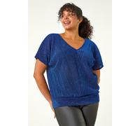 Roman Curve Metallic Plisse Banded Top for Women UK - Ladies Everyday Autumn Winter V-Neckline Comfy Soft Evening Vacation Work Party Night Out - Royal Blue Plus - Size 20