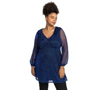 Roman Women's Curve Metallic Plisse Frill Neck Tunic Top in Royal | Size: 30-32 Roman Royal 30-32