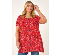 Roman Curve Paisley Back Bar Stretch Top for Women UK - Ladies Spring Everyday Summer Holiday Round Neckline Comfy Short Sleeve Soft Split Side Hem Shirt Day Out Blouses - Orange Plus - Size 20