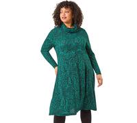 Roman Curve Paisley Cowl Neck Stretch Dress for Women UK - Ladies Autumn Everyday Winter Holiday Round Neckline Comfy Fit & Flare Soft Knee Length Frock Office Desk Gowns - Green - Size 16