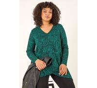 Roman Women's Curve Paisley Print V-Neck Stretch Top in Green | Size: 16