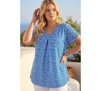 Roman Women's Curve Pleat Front Printed V-Neck Stretch Top in Blue | Size: 18 Roman Blue 18