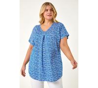 Roman Women's Curve Pleat Front Printed V-Neck Stretch Top in Blue | Size: 18 Roman Blue 18