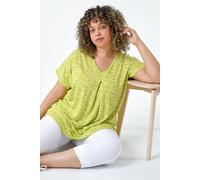 Roman Women's Curve Pleat Front Printed V-Neck Stretch Top in Lime | Size: 18 Roman Lime 18