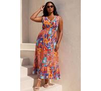 Roman Women's Curve Postcard Print V-Neck Maxi Dress in Red | Size: 18