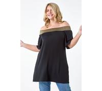 Roman Curve Shimmer Stretch Shirred Bardot Top for Women UK - Ladies Spring Everyday Summer Holiday Short Sleeve Soft Jersey Fabric Comfy Longline Shirt Dinner Date Blouses - Black - Size 22