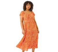 Roman Women's Curve Shirred Printed Dress in Orange | Size: 18 Roman Orange 18
