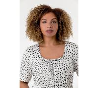 Roman Curve Women Spot Print Gathered Top - Ladies Spring Everyday Summer Holiday Square Neckline Comfy Short Sleeve Soft Peplum Hem Shirt Jersey Vacation Blouses - Ivory - Size 30