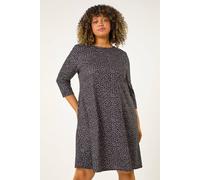 Roman Originals Tunic Dress with Pockets for Women UK Ladies Swing Fit & Flare Skater Slouch Stretchy Casual Smart Winter Jersey Pull On Relaxed Work Office 3/4 Long Sleeves - Black Grey - Size 18