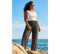 Roman Curve Stripe Knit Wide Leg Trouser for Women UK - Ladies Spring Everyday Summer Holiday Relaxed Fit Comfy Full Length Soft Elasticated Waist Bottoms Day Out Pants - Black - Size 20