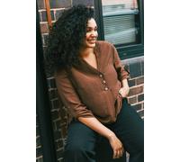 Roman Curve Button Detail Tunic Top for Women UK - Ladies Spring Everyday Summer Holiday Notch Neckline Comfy 3/4 Sleeve Soft Relaxed Fit Shirt Vacation Blouses - Chocolate Plus - Size 22