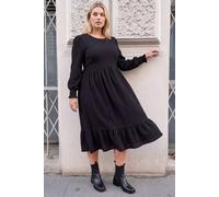Roman Women's Curve Textured Gathered Stretch Midi Dress in Black | Size: 26/28