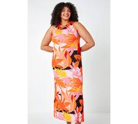Roman Curve Plain Stretch Jersey Maxi Dress for Women UK - Ladies Everyday Holiday Spring Summer Round Neckline Comfy Soft Evening Vacation Work Party - Orange - Size 18