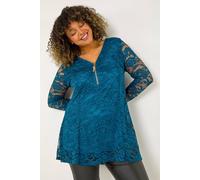 Roman Curve Zip Front Lace Stretch Top for Women UK - Ladies Everyday Autumn Winter V-Neckline Comfy Soft Evening Vacation Work Party Night Out - Teal - Size 20