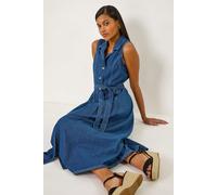 Roman Denim Button Through Midi Dress for Women UK - Ladies Spring Everyday Summer Holiday V-Neckline Comfy Sleeveless Soft Tie Waist Frock Day Out Gowns - Denim - Size 20