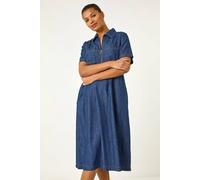 Roman Originals Denim Zip A-Line Midi Dress for Women UK - Ladies Everyday Holiday Spring Summer V-Neckline Comfy Soft Evening Vacation Work Party - Denim - Size 16