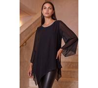 Roman Originals Sparkly Asymmetric Chiffon Top for Women UK - Ladies Everyday Autumn Winter Round Neckline Comfy Soft Evening Vacation Work Party Night Out - Black - Size 10