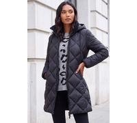 Roman Padded Coat for Women UK - Ladies Longline Puffer Winter Quilted Parka Waterproof Rainproof Wind Resistant Thermal Jacket Long Length Warm Zip Hood Puffa Cosy - Black - Size 10