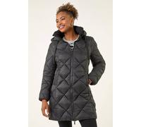 Roman Originals Padded Coat For Women UK - Ladies Longline Puffer Winter Quilted Parka Waterproof Rainproof Wind Resistant Thermal Jacket Long Length Warm Zip Hood Puffa Cosy - Noir - Size 14