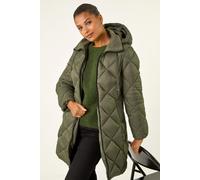 Roman Padded Coat for Women UK - Ladies Longline Puffer Winter Quilted Parka Waterproof Rainproof Wind Resistant Thermal Jacket Long Length Warm Zip Hood Puffa Cosy - Khaki - Size 18