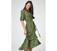 Roman Frill Dress for Women UK Ladies Summer Wrap Chiffon Frill Hem Layered Belted Midi Maxi Tiered Cape Special Occasion Fit & Flare Wedding Guest Swing Skater - Khaki - Size 12