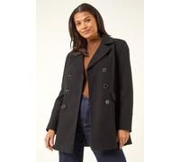 Roman Originals Double Breasted Military Coat for Women UK - Ladies Everyday Holiday Autumn Winter Long Sleeves Comfy Soft Evening Vacation Work Smart Party - Plain Black - Size 18