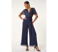 Roman Originals Embellished Beaded V-Neck Jumpsuit for Women UK - Ladies Everyday Holiday Spring Summer V-Neckline Comfy Soft Evening Vacation Work Party - Navy - Size 12