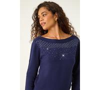 Roman Embellished Boat Neck Jumper for Women UK - Ladies Autumn Everyday Winter Holiday Long Sleeve Soft Sparkle Design Comfy Warm Feel Top Dinner Date Sweaters - Midnight Blue - Size 12