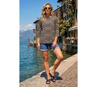 Roman Originals Stretchy Top for Women UK - Ladies Jersey Blouse Smart Casual Tunic Work 3/4 Length Sleeve Round Neck Boat Neckline Flattering Autumn Winter - Multi Ochre - Size 10