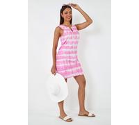 Roman Originals Embroidered Cotton Tie Dye Shift Dress for Women UK - Ladies Everyday Holiday Spring Summer Notch Neckline Comfy Soft Evening Vacation Work Party - Pink - Size 10