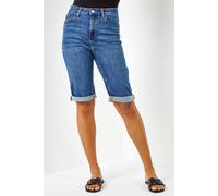Roman Originals Denim Shorts for Women UK - Ladies Knee Length Stretch Jean Cropped Jeggings Turn Up Hem Cut Off Summer High Waisted Smart Fitted Lightweight Casual Holiday - Denim - Size 12