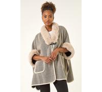 Roman Originals Faux Fur Pocket Poncho for Women UK - Ladies Everyday Autumn Winter Round Neckline Comfy Soft Evening Vacation Work Party Night Out - Light Grey - Size ONE