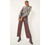 Roman Women's Faux Leather Wide Leg Crop Trousers in Wine | Size: 20