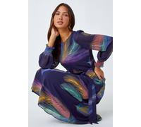 Roman Feather Print Belted Midi Dress for Women UK - Ladies Autumn Everyday Winter Holiday Round Neckline Comfy Long Sleeve Soft Fit & Flare Frock Dinner Date Gowns - Purple - Size 16