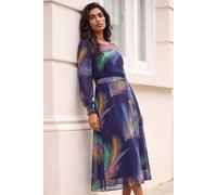 Roman Feather Print Belted Midi Dress for Women UK - Ladies Autumn Everyday Winter Holiday Round Neckline Comfy Long Sleeve Soft Fit & Flare Frock Dinner Date Gowns - Purple - Size 20