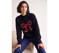 Roman Originals Festive Sequin Bow Knit Jumper for Women UK - Ladies Everyday Autumn Winter Funnel Neckline Comfy Soft Evening Vacation Work Party Night Out - Black - Size 12