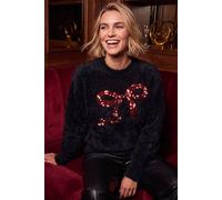 Roman Women's Festive Sequin Bow Knit Jumper in Black | Size: 14