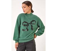 Roman Originals Festive Sequin Bow Knit Jumper for Women UK - Ladies Everyday Autumn Winter Funnel Neckline Comfy Soft Evening Vacation Work Party Night Out - Green - Size 14