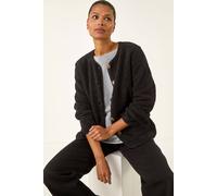 Roman Originals Fleece Pocket Front Jacket for Women UK - Ladies Everyday Autumn Winter Round Neckline Comfy Soft Evening Vacation Work Party Night Out - Black - Size 12