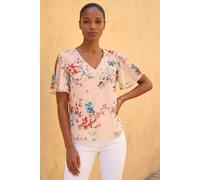 Roman Floral Angel Sleeve Top for Women UK - Ladies Spring Everyday Summer Holiday V-Neckline Comfy Cold Shoulder Detail Soft All Over Print Shirt Work Office Blouses - Light Pink - Size 12